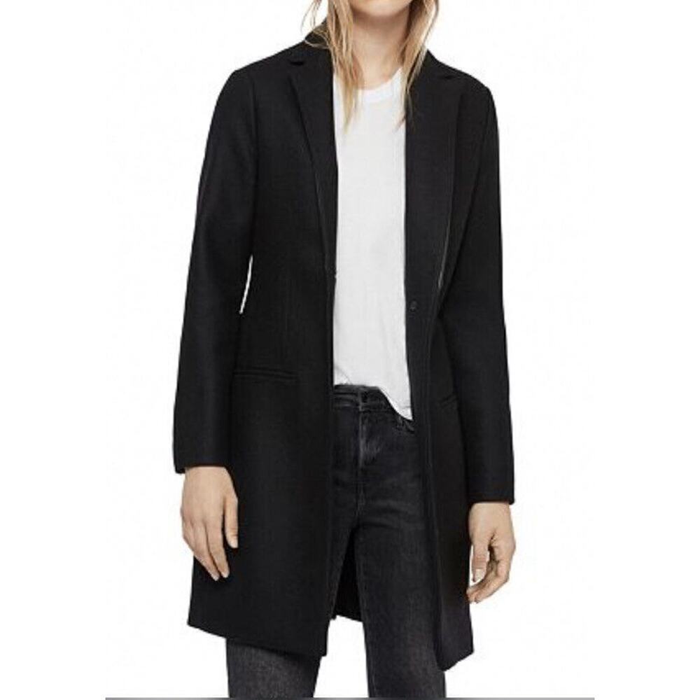 All Saints Black Wool Lambs Leather Long Coat Size 6 US Collarless Portex NEW